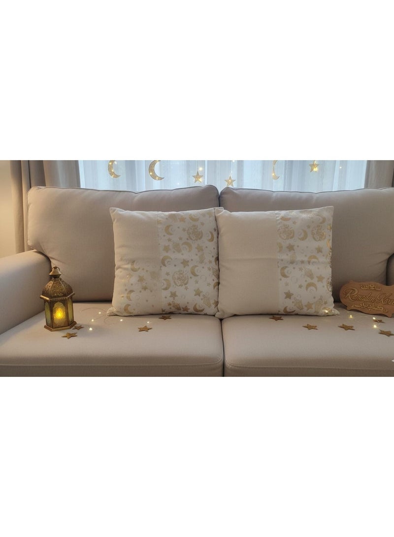 Ramadan pillow cover cushion, size 40*40 cm, off-white color with gold Ramadan designs, 2 pieces
